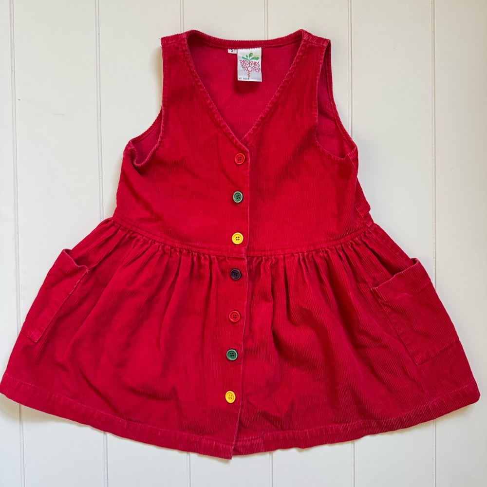 Vtg Radishes & Roses Red Corduroy Pinafore Dress Rainbow Buttons Girl Size 5 90s